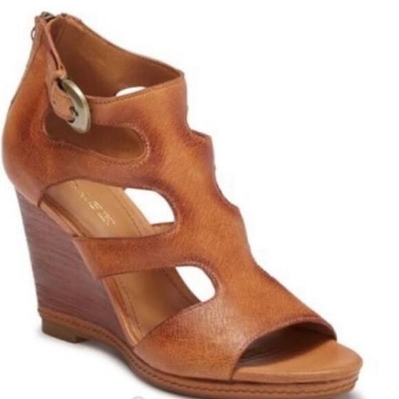 Trask hats leather wedge tan brown open toe - Picture 1 of 5